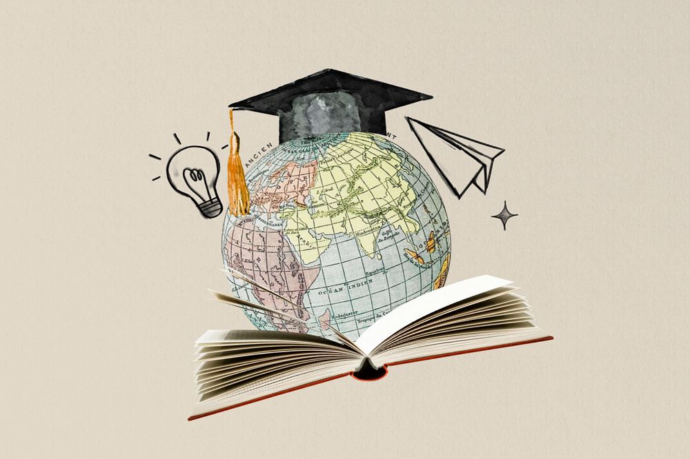 Globe reading textbook, creative education editable collage. Remixed by rawpixel.