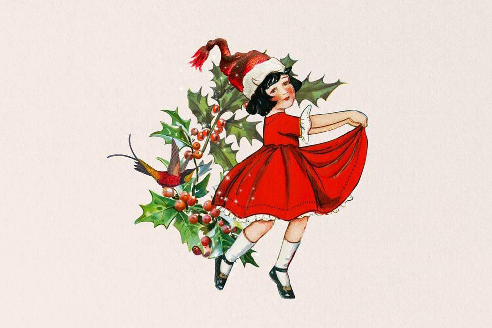 Dancing little girl, Christmas editable collage art. Remixed by rawpixel.