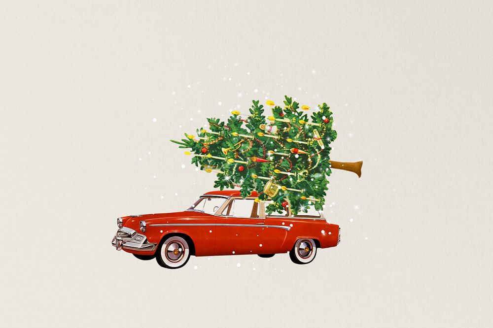 Car carrying Christmas tree editable collage art. Remixed by rawpixel.