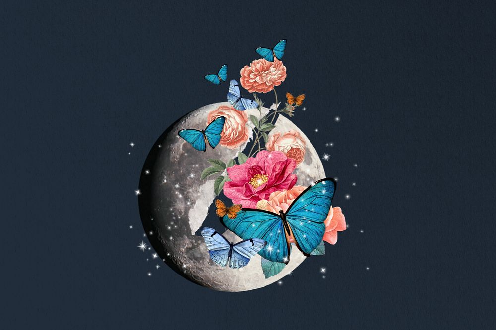 Floral moon butterfly, editable surreal collage art