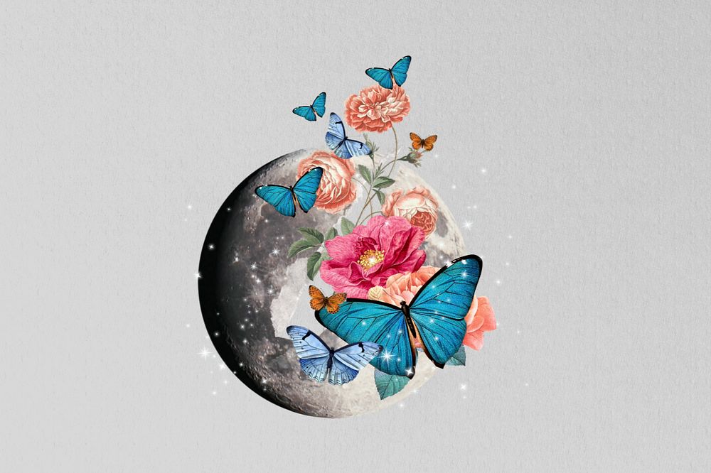 Floral moon butterfly, editable surreal collage art