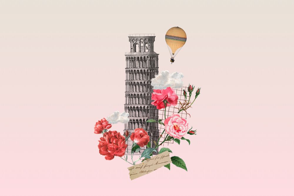 Tower of Pisa, floral travel editable collage. Remixed by rawpixel.