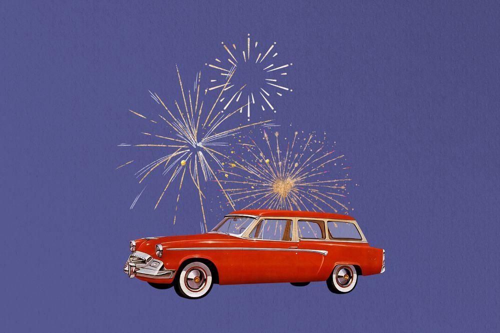 Classic car & fireworks, editable celebration remix