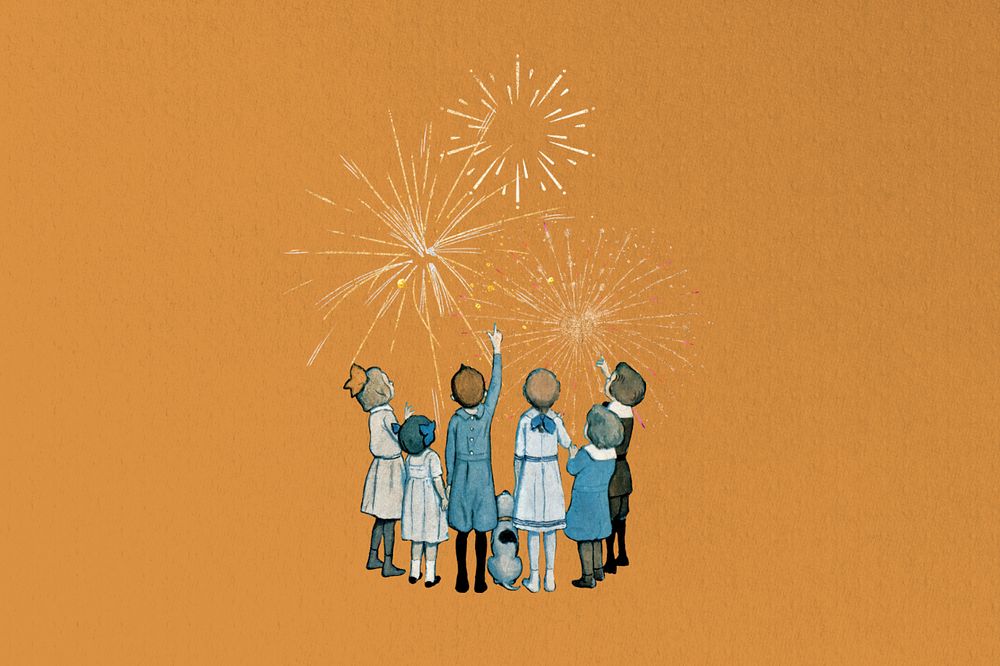 Children watching fireworks, editable celebration collage. Remixed by rawpixel.