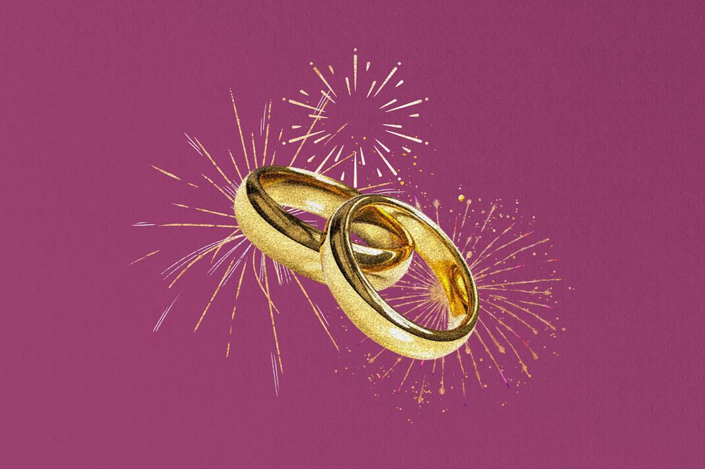 Gold wedding rings, fireworks, editable celebration collage