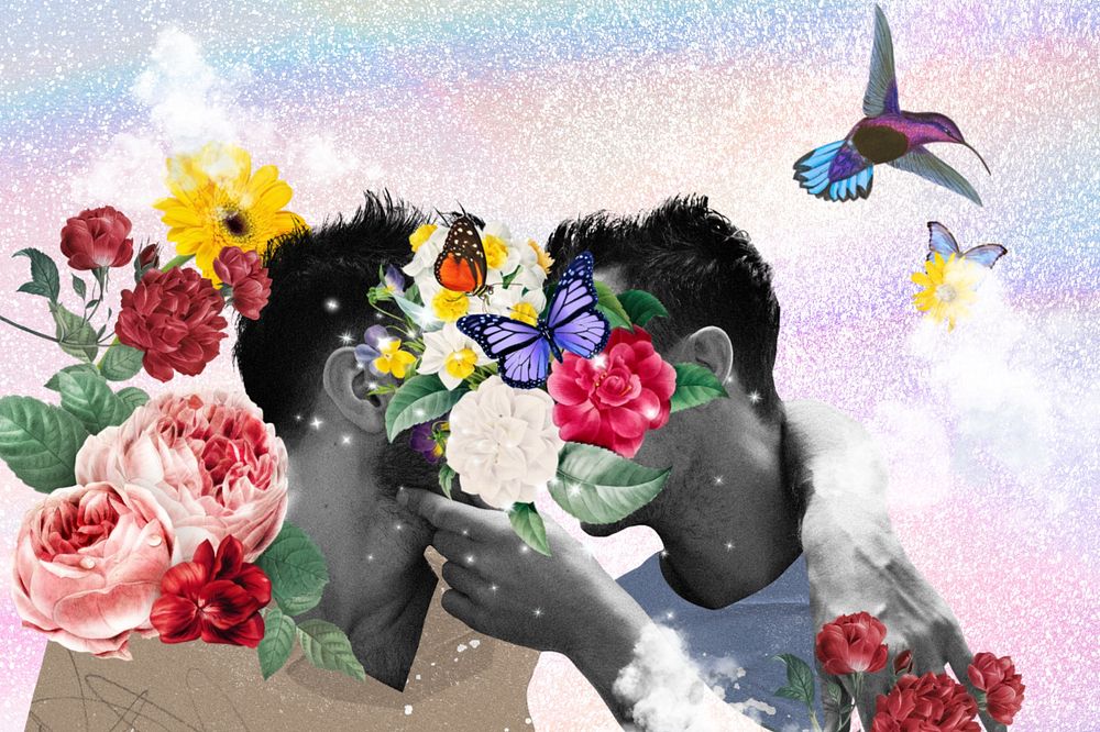 Gay couple kissing, surreal LGBTQ remix, editable design