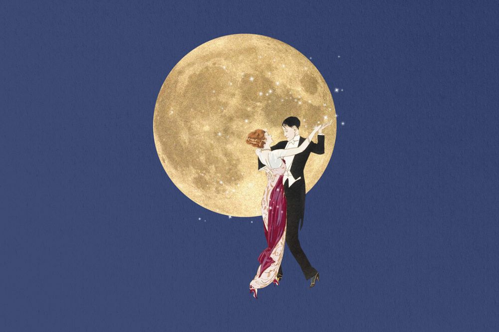 Couple dancing under the moon, vintage editable collage art. Remixed by rawpixel.