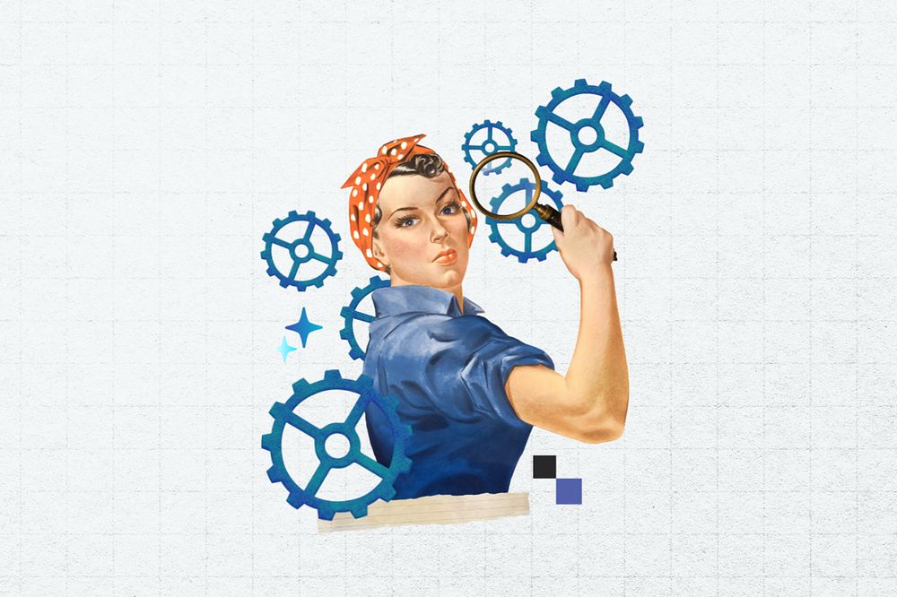 Woman holding magnifying glass, editable cogwheel business. Remixed by rawpixel.