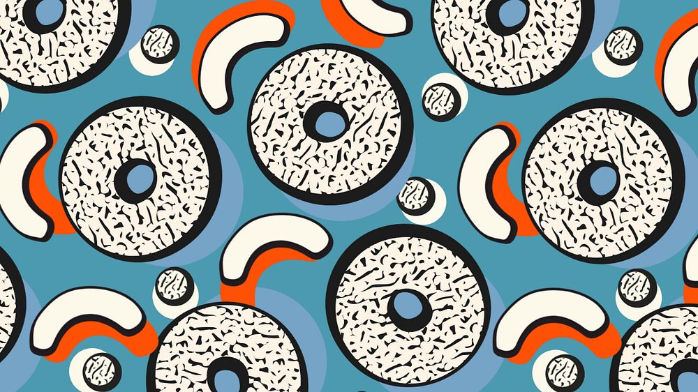 Donut memphis pattern desktop wallpaper, blue abstract background, editable design