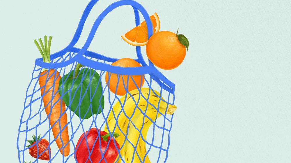 Fruit & vegetables computer wallpaper, grocery shopping bag illustration, editable design