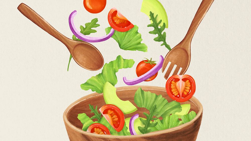 Healthy salad bowl computer wallpaper, food illustration, editable design