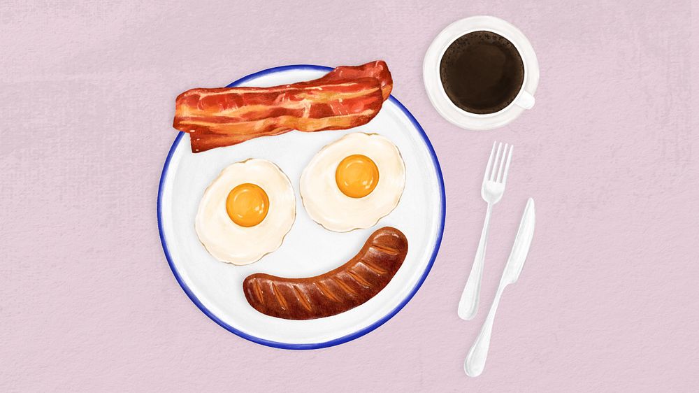 Cute breakfast computer wallpaper, sunny side up and bacon illustration, editable design