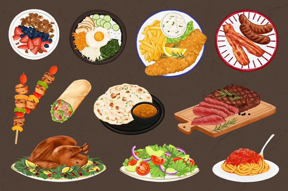 Famous international dishes, food illustration set, editable design