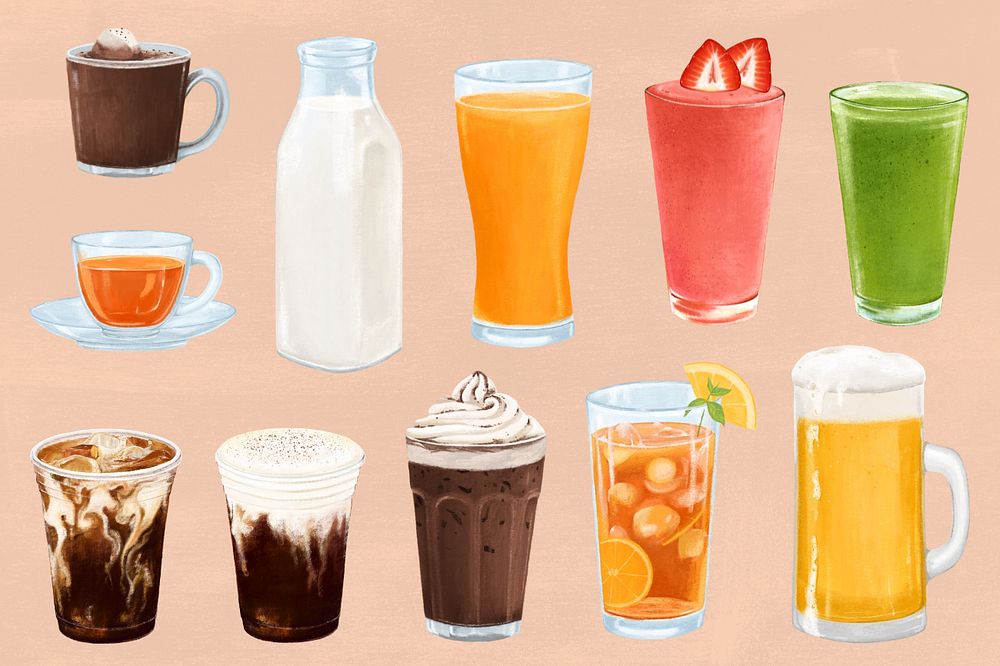 Healthy drinks, coffee & dairy beverages illustration set, editable design