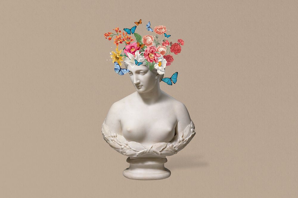 Flower headed sculpture, editable mental health collage. Remixed by rawpixel.