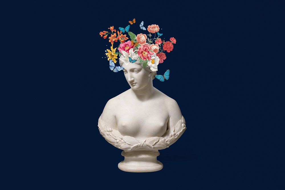 Flower headed sculpture, editable mental health collage. Remixed by rawpixel.