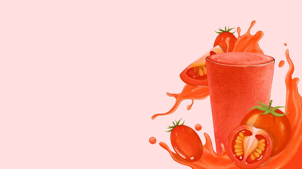 Tomato juice splash desktop wallpaper, healthy drink illustration, editable design