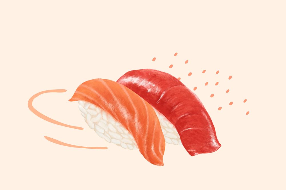 Salmon & tuna sushi, Asian food illustration, editable design