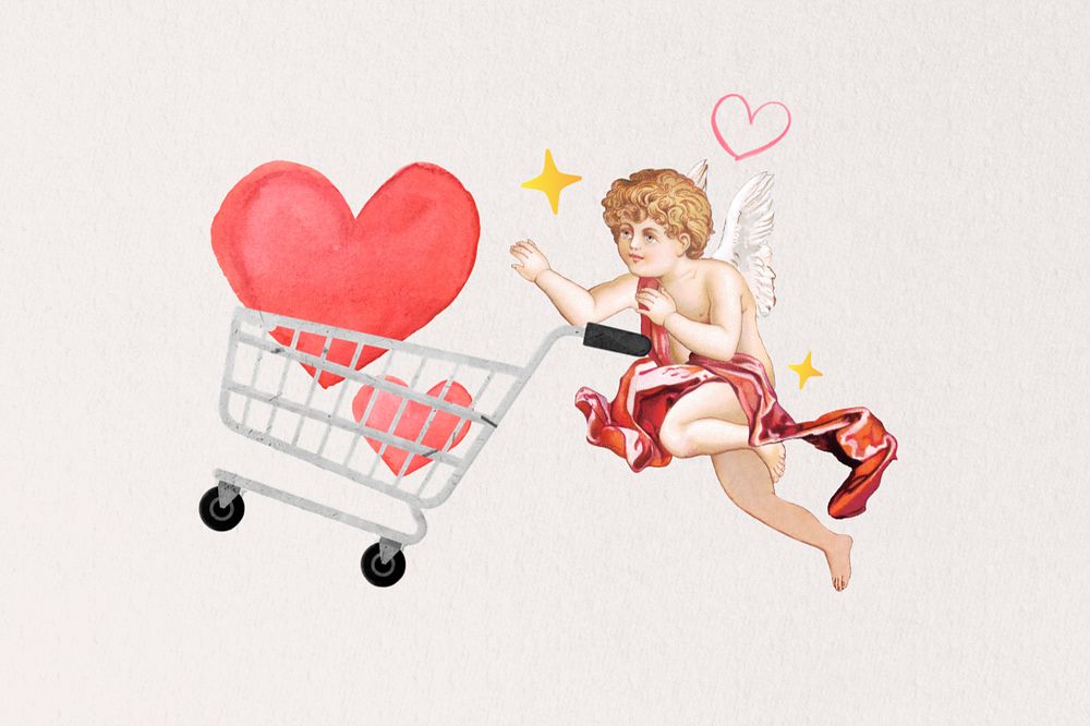 Hearts in shopping cart, cupid, editable design. Remixed by rawpixel.