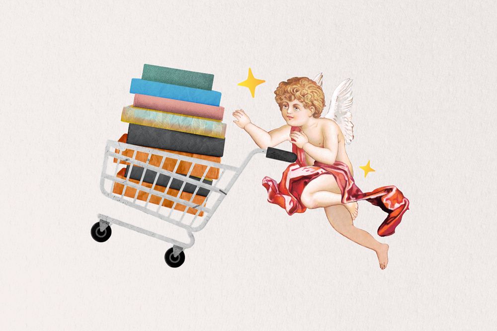 Cupid buying textbooks, education editable collage. Remixed by rawpixel.