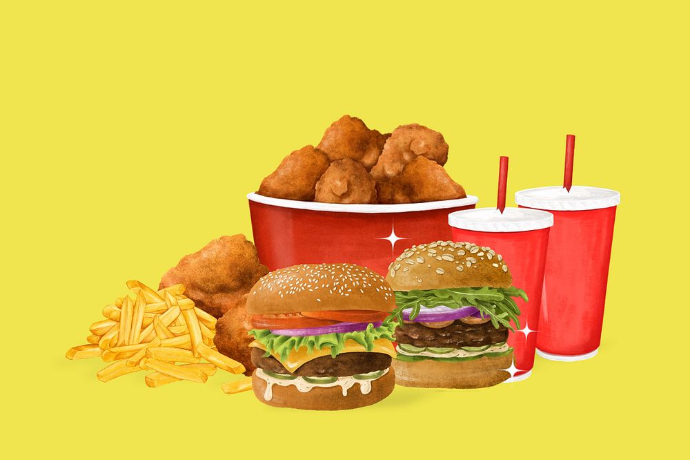 Fast food set, fried chicken, burger and fries illustration, editable design