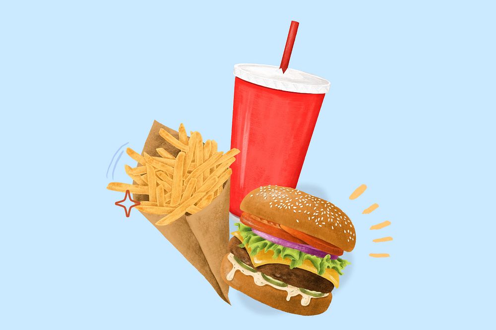 Burger, french fries and soda, fast food illustration, editable design