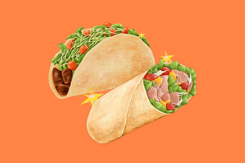 Mexican taco, salad wrap, food illustration, editable design