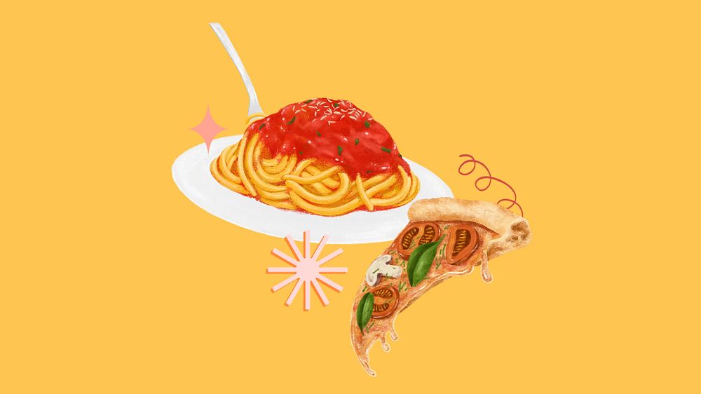 Pizza & spaghetti HD wallpaper, Italian food illustration, editable design