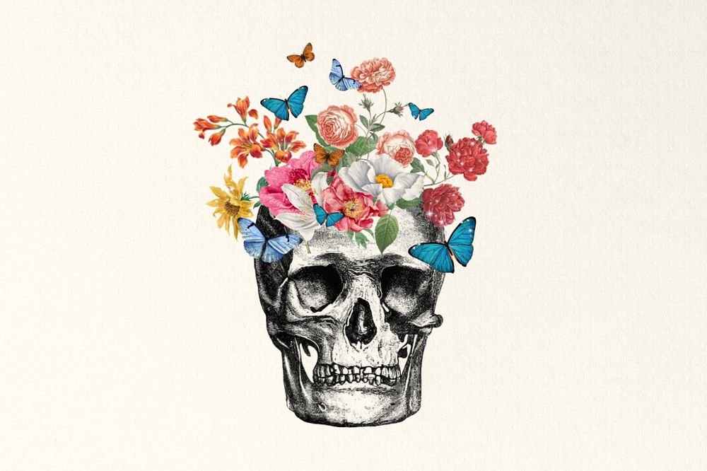 Flower human skull, editable mental health collage. Remixed by rawpixel.