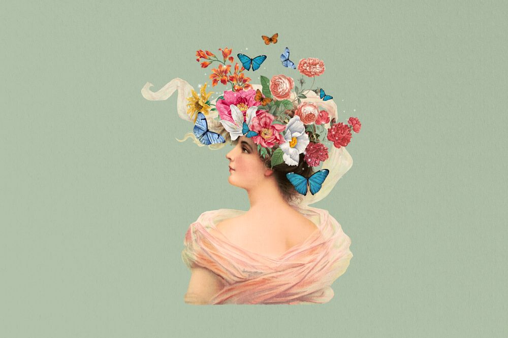 Flower headed woman, editable mental health collage. Remixed by rawpixel.