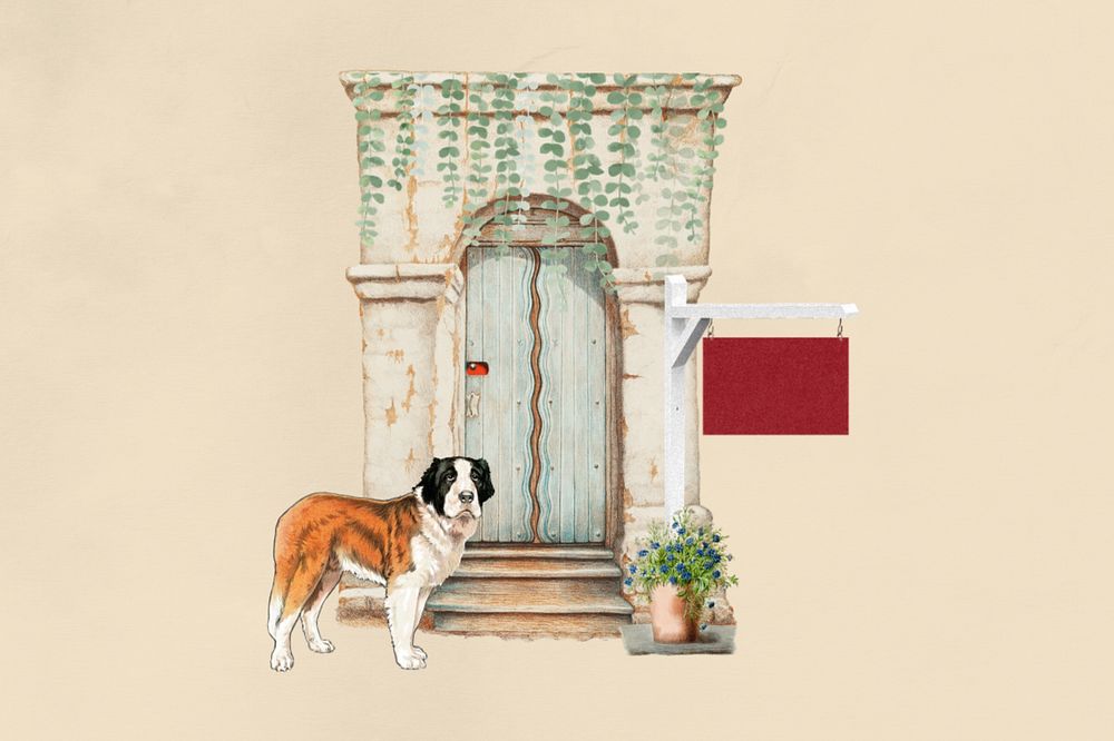 Vintage cafe entrance, editable dog collage. Remixed by rawpixel.