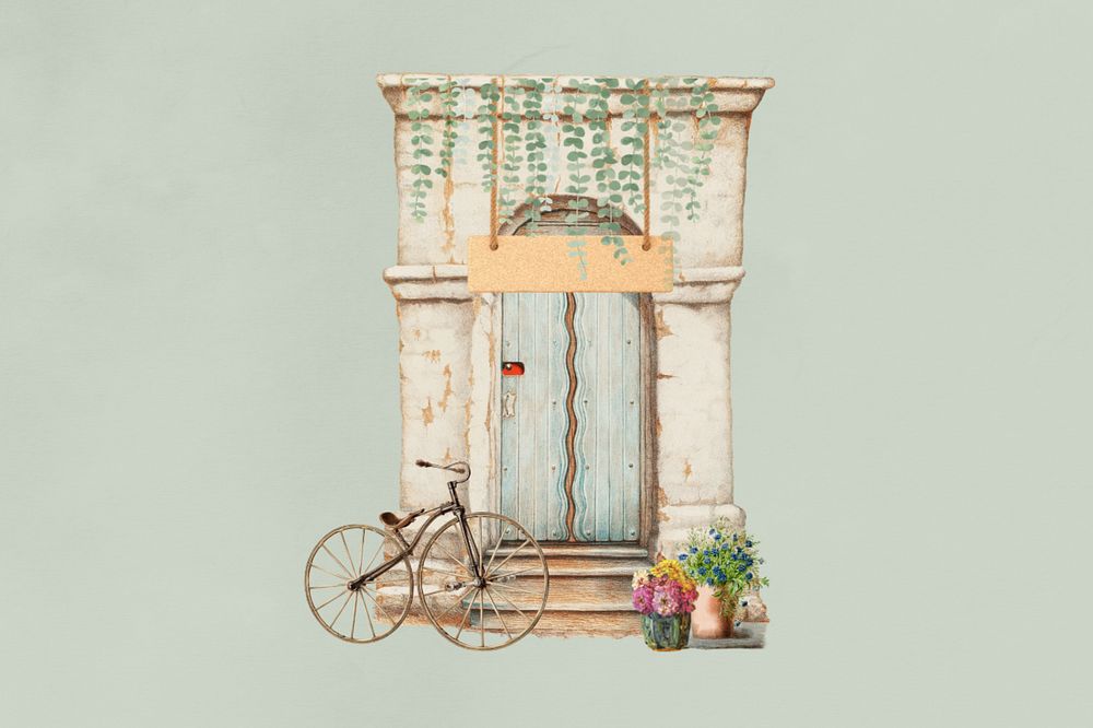 Vintage cafe entrance, editable bicycle collage. Remixed by rawpixel.