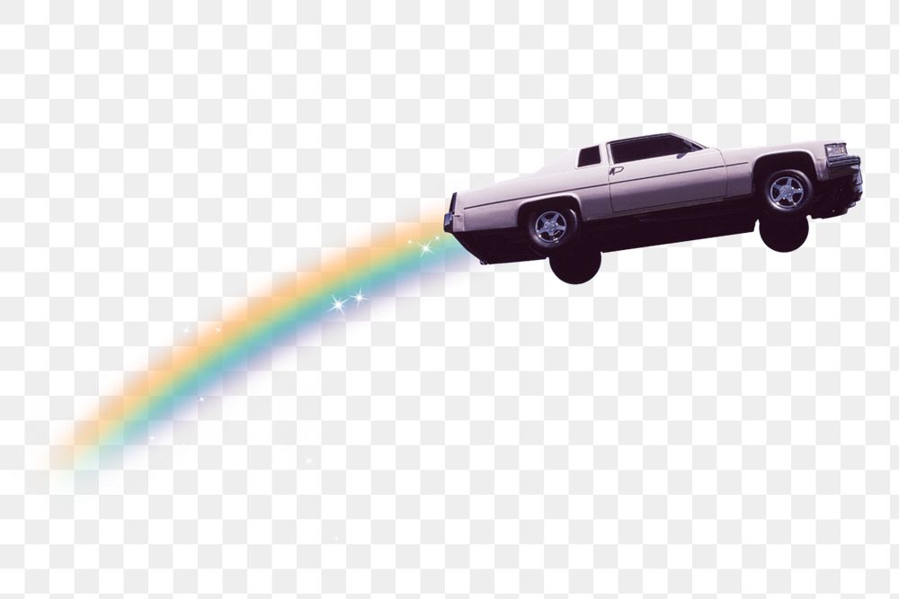 Flying car with rainbow png, surreal remix, editable design