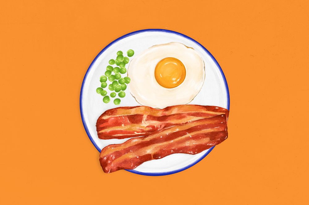 Sunny side up, smoked bacon and beans, breakfast food illustration, editable design