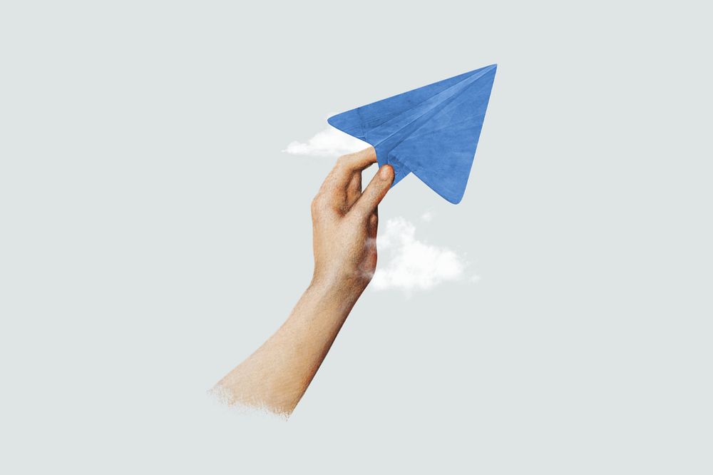 Hand holding paper plane, editable travel collage. Remixed by rawpixel.