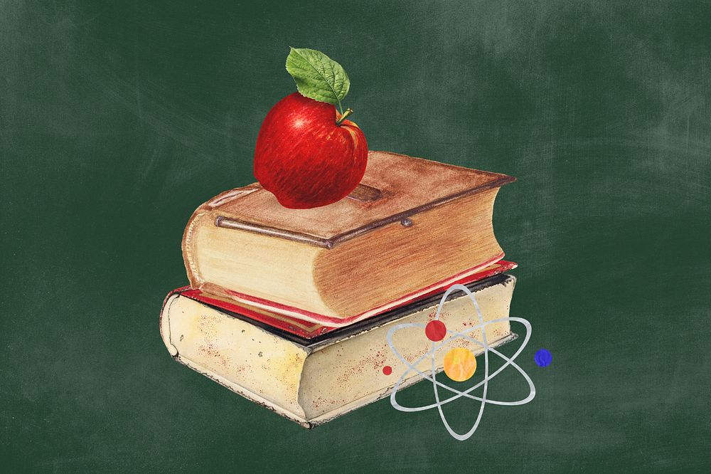 Science education, editable apple on stacked books collage. Remixed by rawpixel.