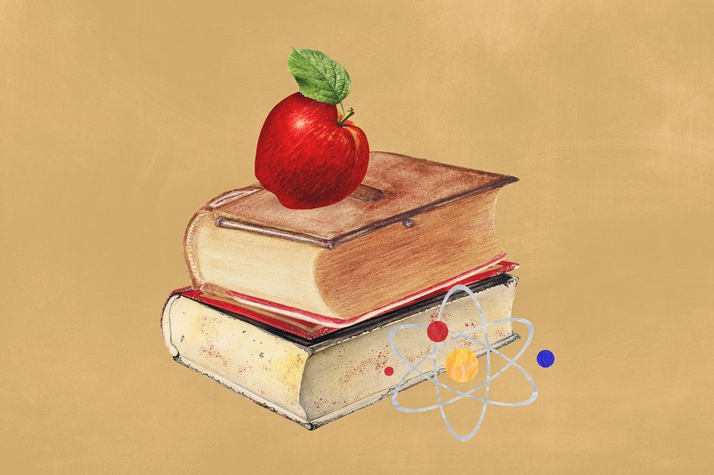 Science education, editable apple on stacked books collage. Remixed by rawpixel.