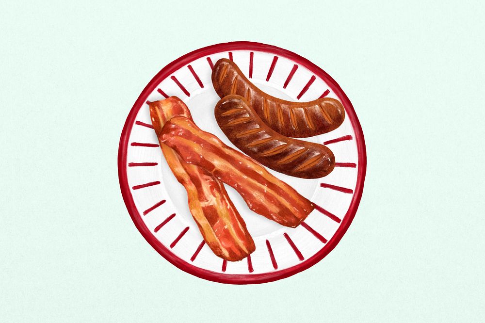 Grilled sausages and smoked bacon, breakfast food illustration, editable design