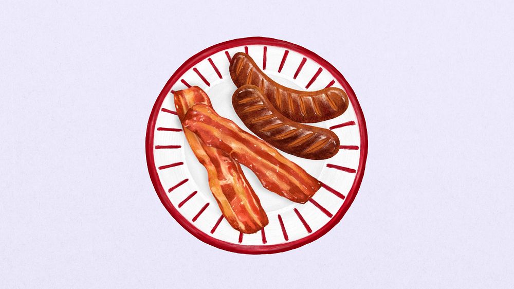 Bacon & sausages computer wallpaper, breakfast food illustration, editable design