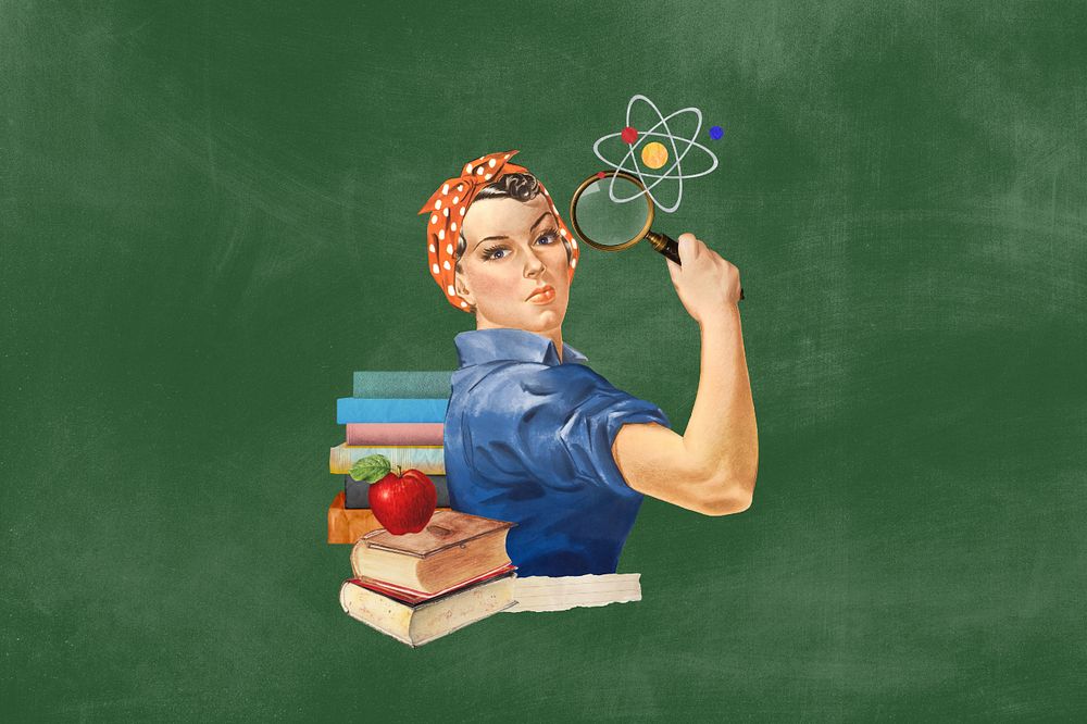 Science education, editable woman holding magnifying glass collage. Remixed by rawpixel.