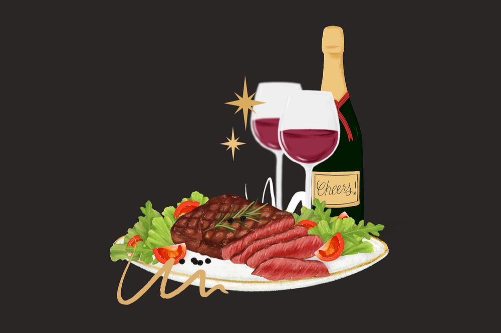 Steak and red wine, delicious dinner illustration, editable design