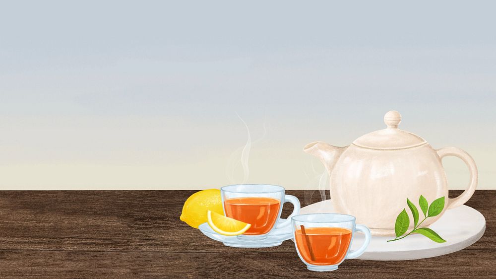 Hot lemon tea desktop wallpaper, drinks illustration, editable design