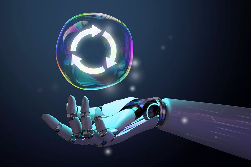 Recycle symbol bubble in robot hand, digital remix, editable design