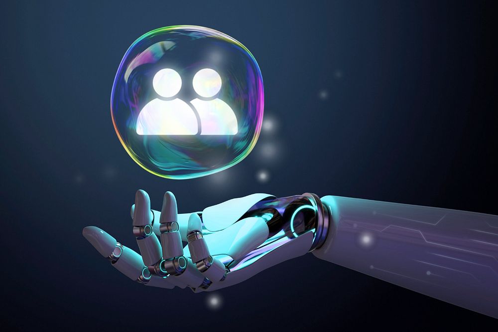 User avatar bubble in robot hand, digital remix, editable design