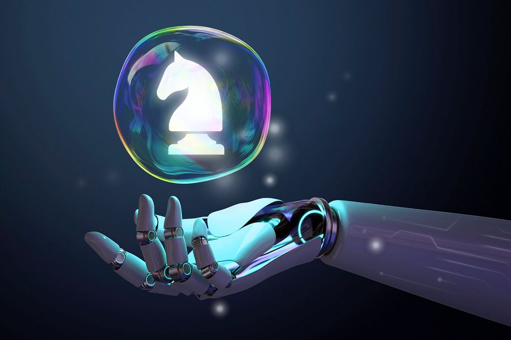 Chess piece bubble in robot hand, digital remix, editable design