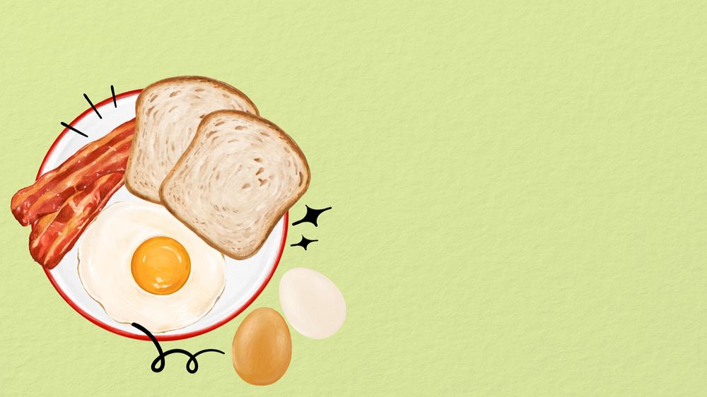 Yummy breakfast illustration HD wallpaper, fried-egg, bacon & toast background, editable design