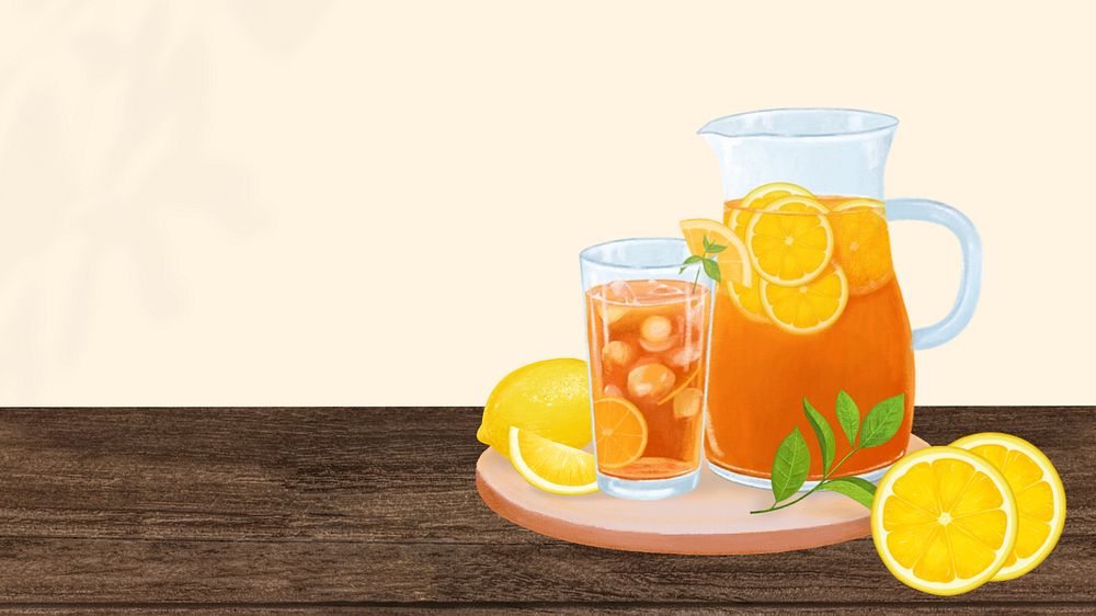 Iced lemon tea desktop wallpaper, drinks illustration, editable design