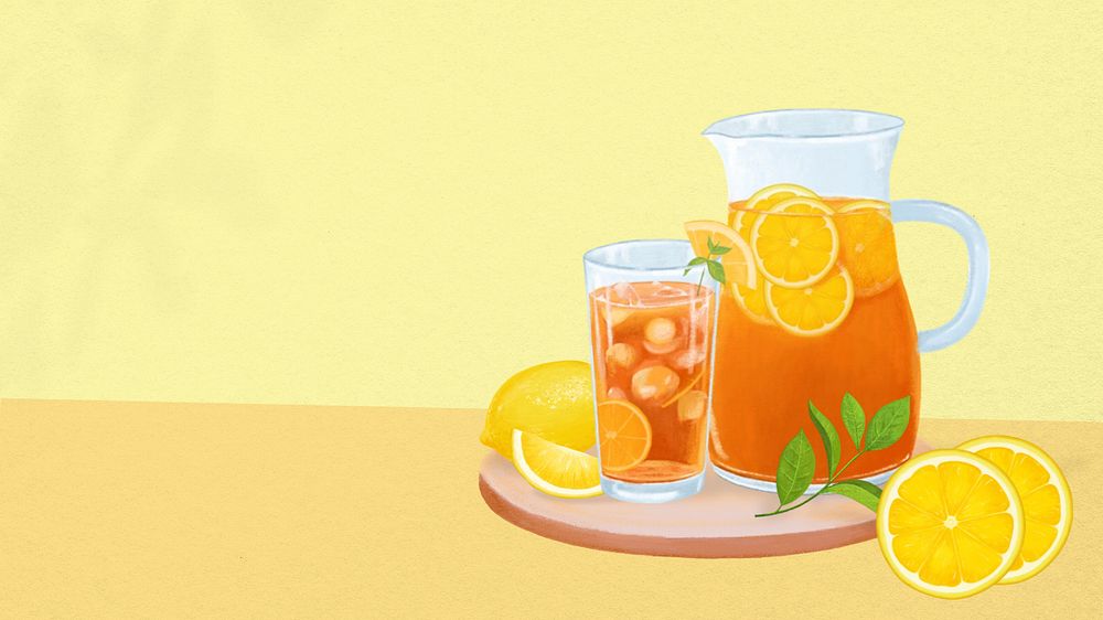 Iced lemon tea desktop wallpaper, drinks illustration, editable design