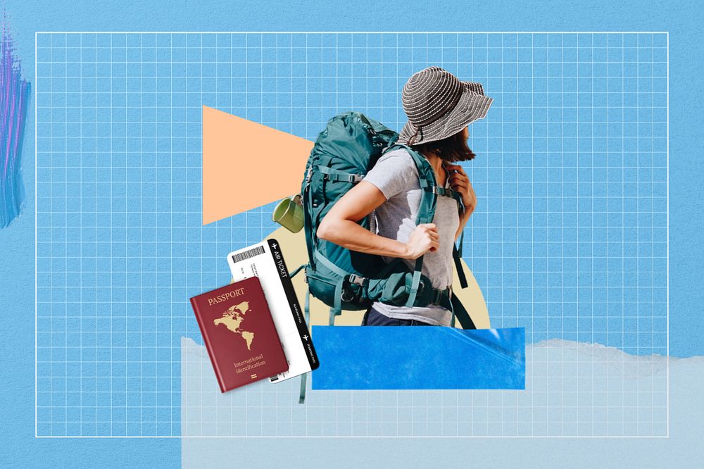 Woman backpacker aesthetic, travel collage art, editable design