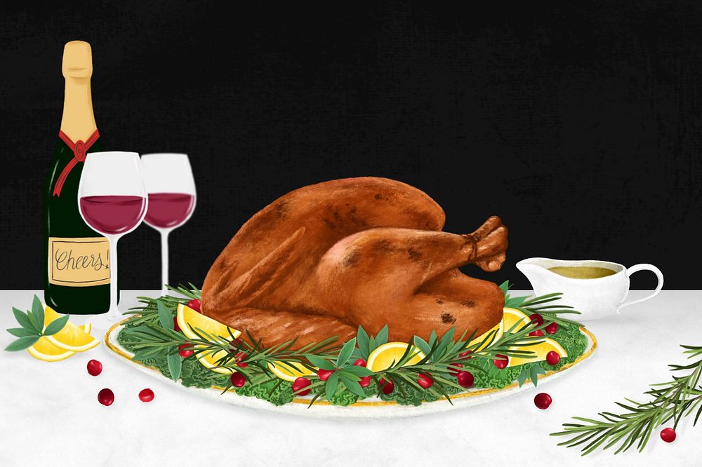 Thanksgiving dinner turkey, Christmas food illustration, editable design